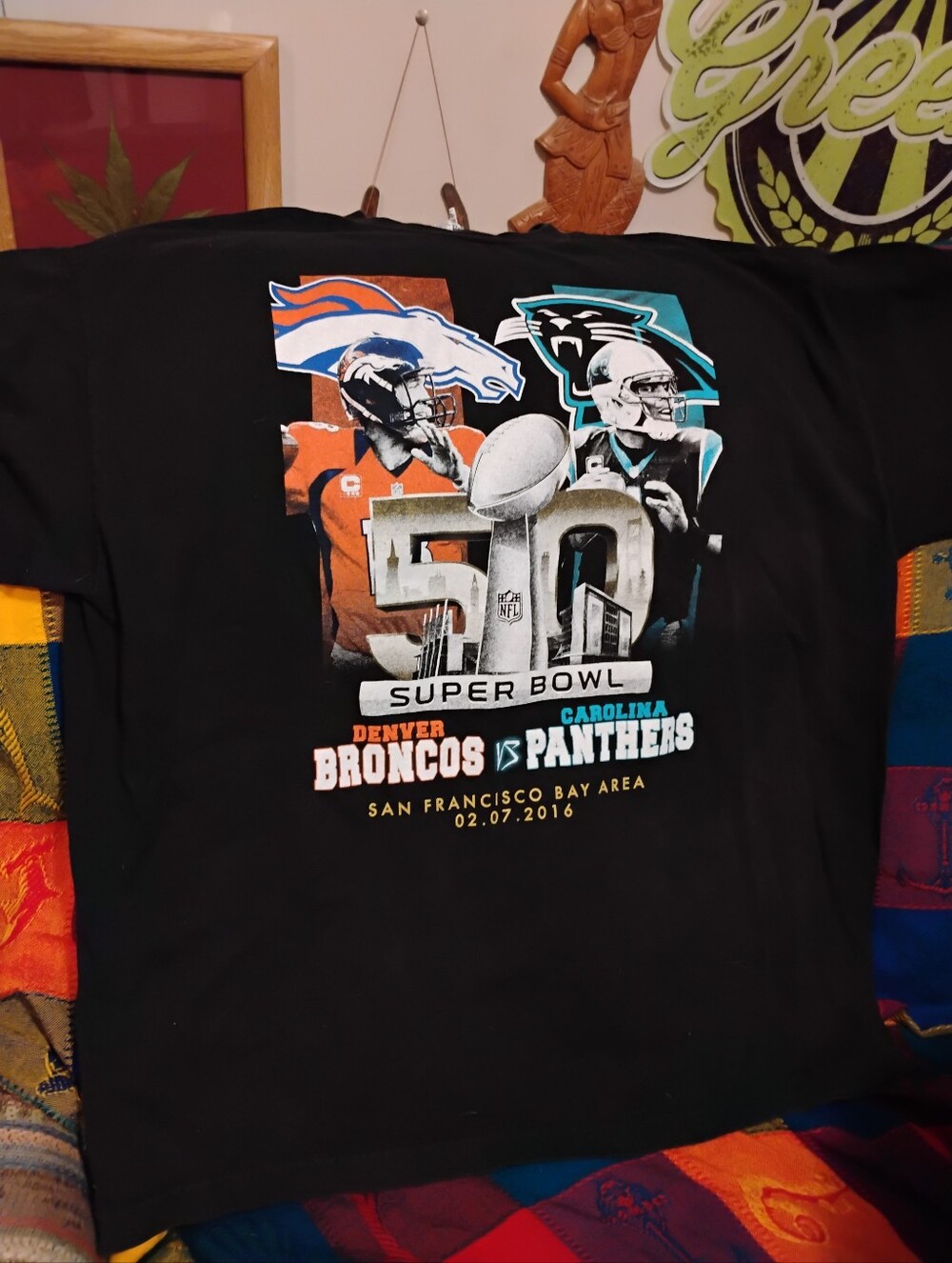 Super Bowl 50 Denver Broncos vs Carolina Panthers Black Double Sided Graphic Tee